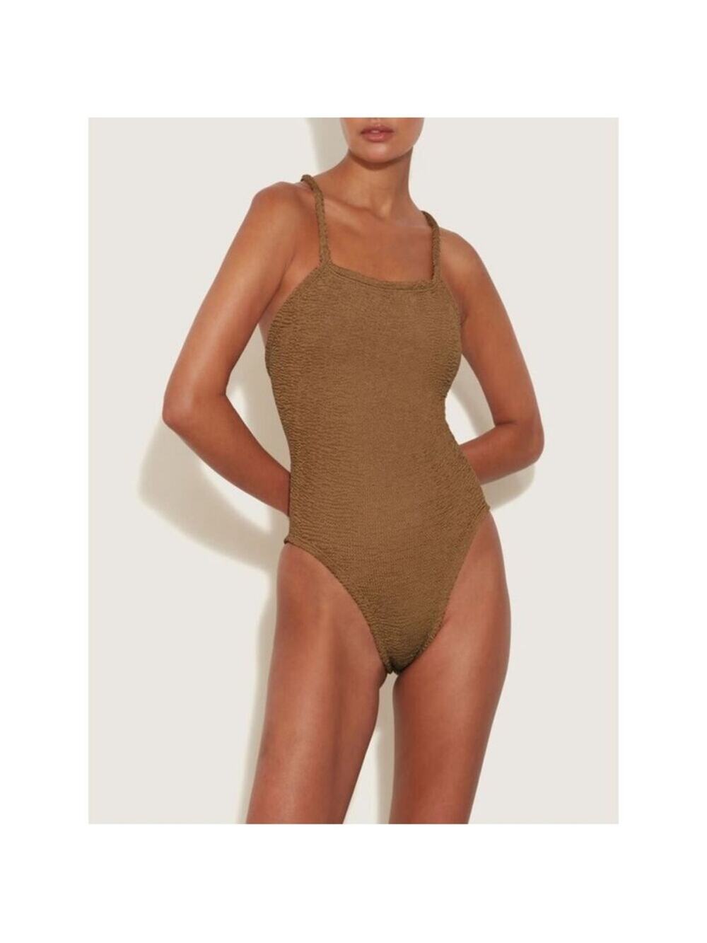 Hunza G Bette One Piece Ruched Criss Cross Cocoa Metallic Chocolate Swimsuit OS